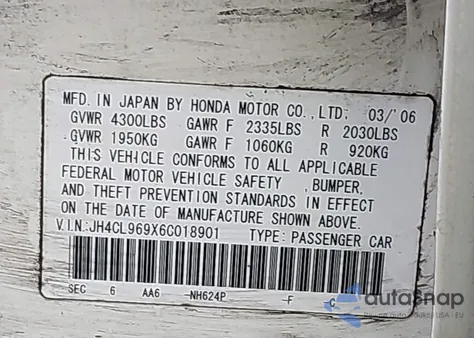 2006 Acura Tsx из США, поврежденный, VIN JH4CL969X6C018901